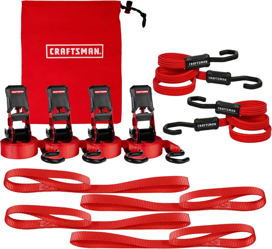 CRAFTSMAN 10-PC Ratchet Strap Kit with Soft Loops, Bungees and Storage Bag